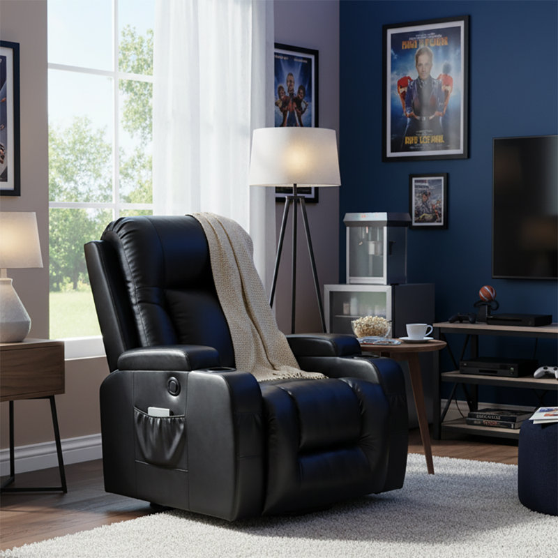 Fauteuil inclinable électrique avec base relevable et fonction de massage chauffant, Noir