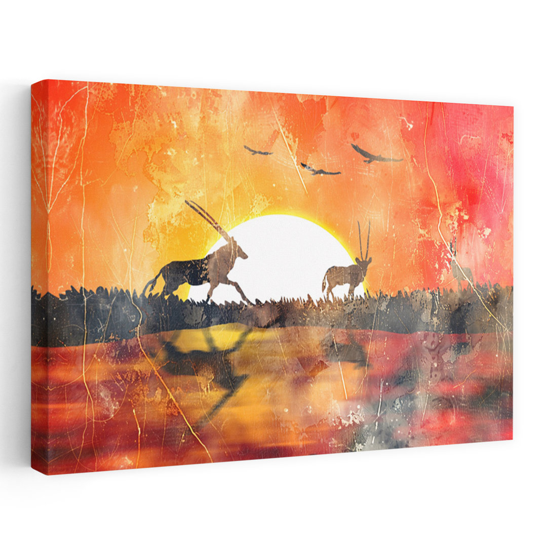 African Sunset Oryx Serene Abstract Contemporary Bird Landscape Nature Wall Art Print
