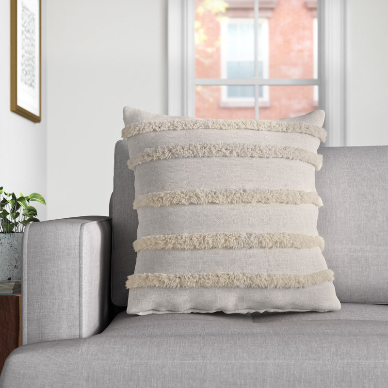 Beige Over-Tufted Fringed 20" Square Throw Pillow