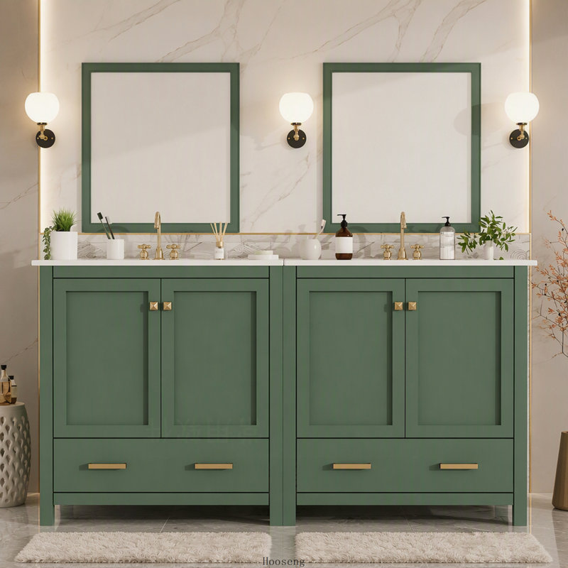 Ensemble meuble-lavabo vert de 60 pouces avec double lavabo en céramique, tablette de rangement et tiroirs compartimentés