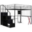 Lit mezzanine double en métal avec poste de travail intégré, garde-robe, escalier de rangement et lumière DEL, noir