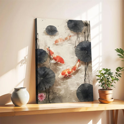 Watercolor Koi Fish With Dark Lotus Leaves Asian Art Large Gallery Wrapped Canvas Wall Art Print For Living Room Bedroom