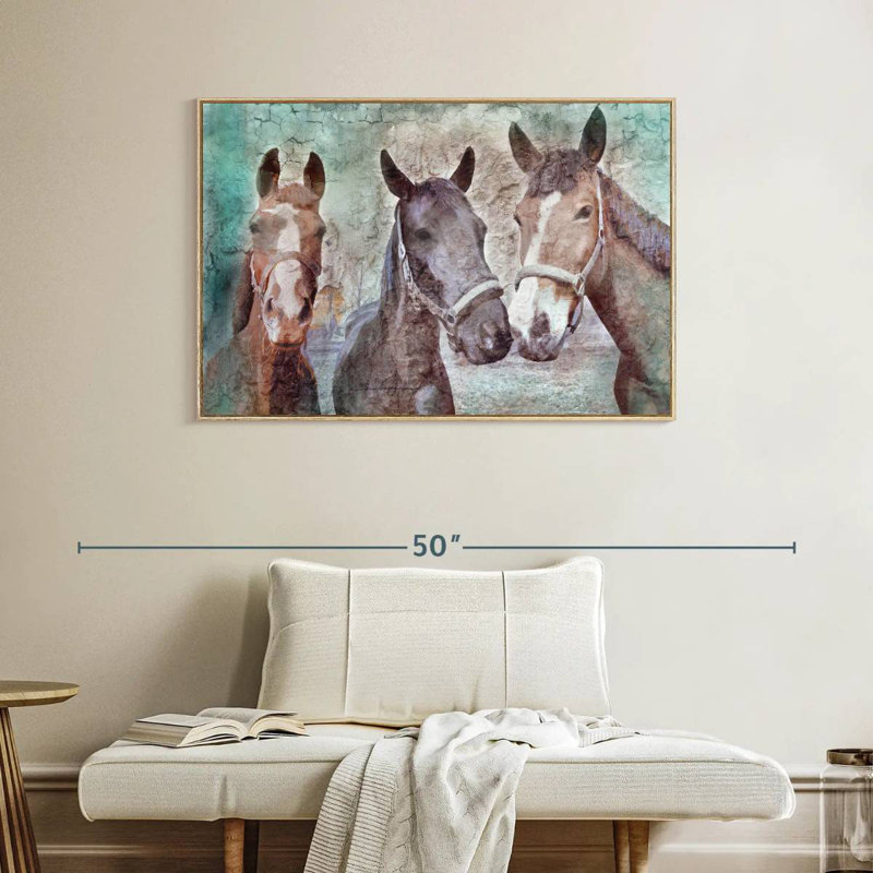 Trois chevaux voisins, Cadre flottant en bois naturel, 40 po x 27 po