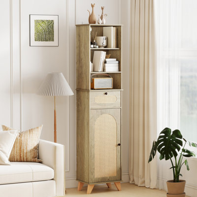 Bibliothèque de coin étroite, 68 po de hauteur, portes en rotin avec tiroir et tablettes réglables, armoire de rangement Boho