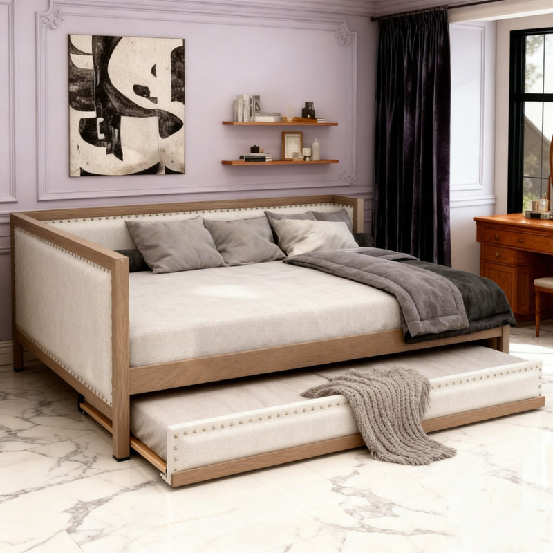 Upholstered Daybed with Trundle and Nailhead Decoration