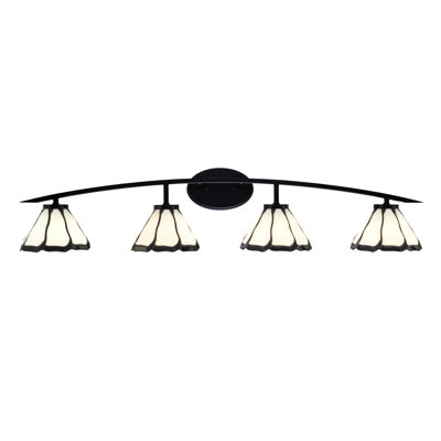 Kurve 4 Light Bath Bar Shown In Matte Black Finish With 7" Pearl & Black Flair Art Glass