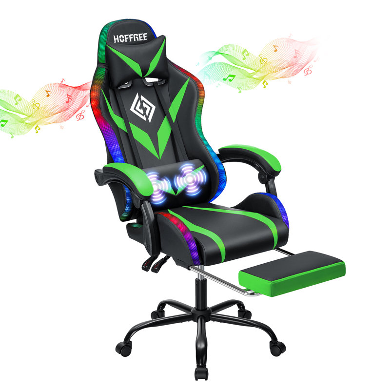 Hoffree Massage Ergonomic Gaming Chair with Bluetooth Speakers and RGB LED Lights, Green/Black