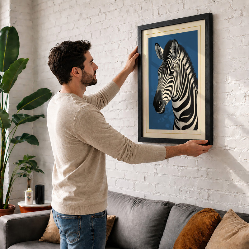 Zebra Portrait Minimalist - Framed Print, A4 - 29.7 x 21.0 cm, Walnut