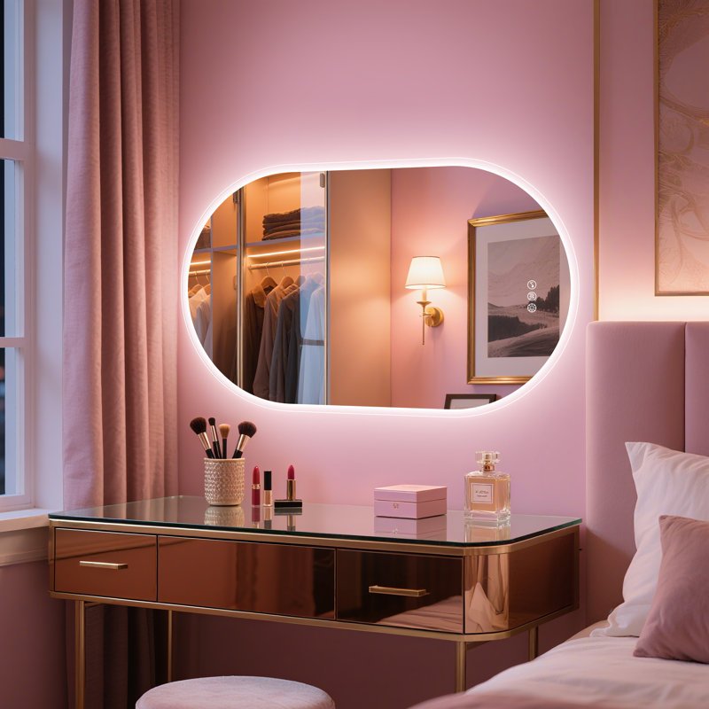 Ahmiyah Oval LED-Bathroom-Mirror/ Anti-Fog/ Dimmable/ Color Changing/ Bluetooth/ Tempered glass, 40" x 24"