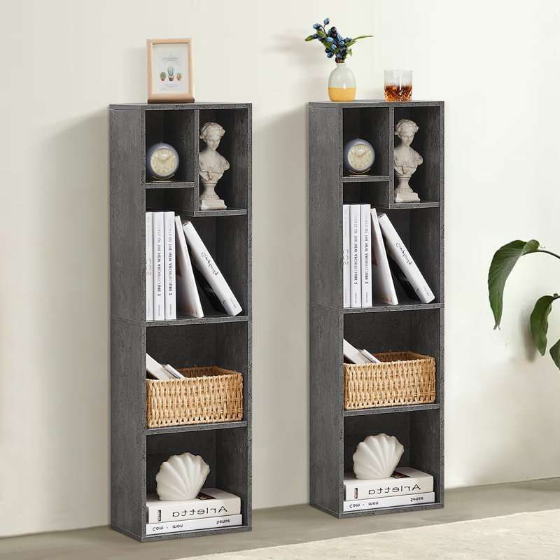 Petite bibliothèque grise à 5 cubes, petite armoire de rangement avec tablettes ouvertes (ensemble de 2), Gris