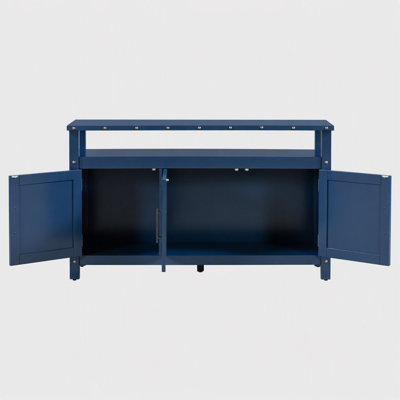 Armoire-buffet en bois de pin 55,1 po avec 3 portes de rangement, armoire avec rangement double, bar à café avec poignées en métal et rivets en métal exposés