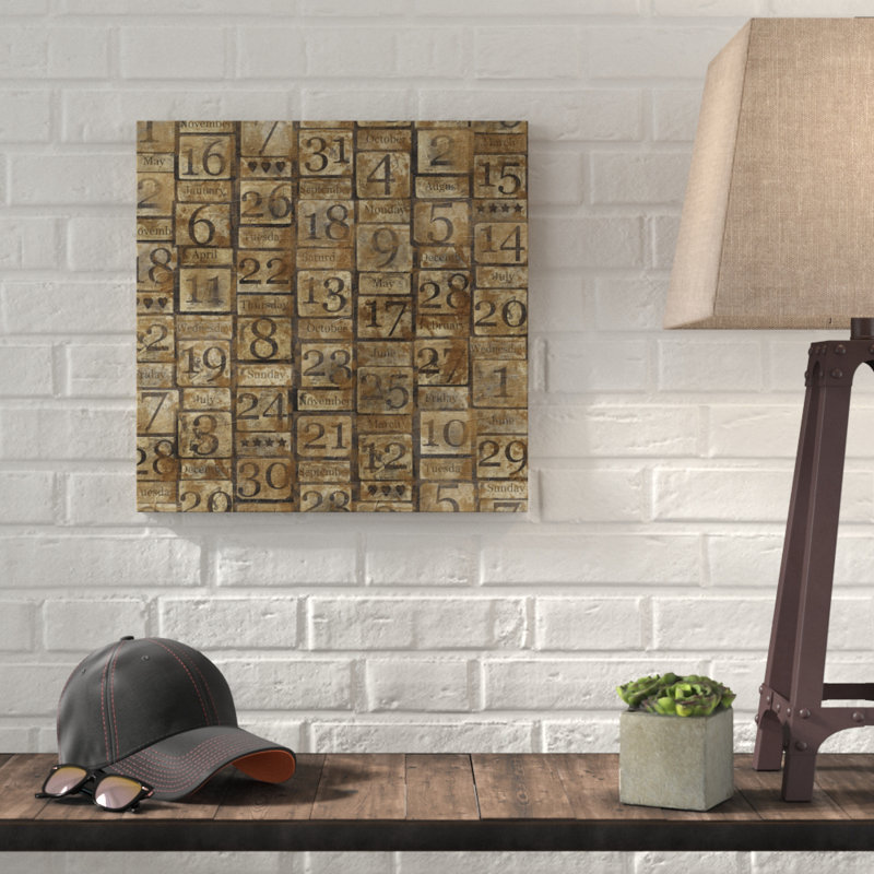 « grungy calendar blocks », art textuel sur toile tendue, H 24 po x l 24 po
