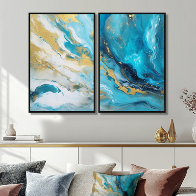 Turquoise doré infusé marbre III - art mural moderne 2 panneaux