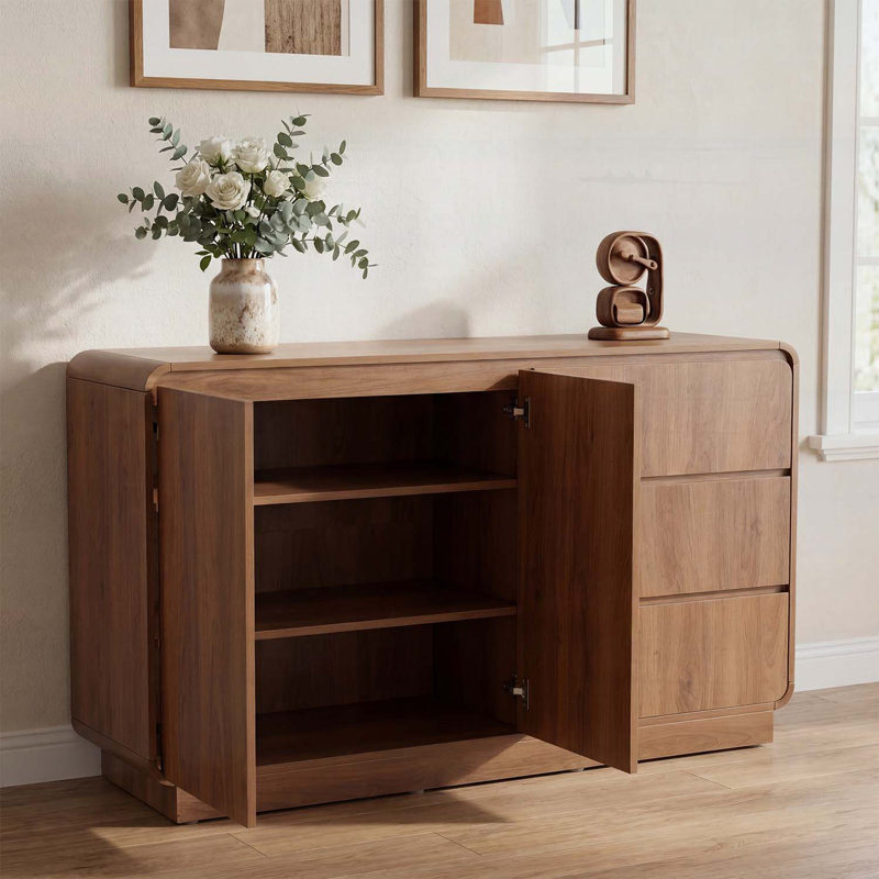 Modern Sideboard Storage Cabinet with 2 Doors and 3 Drawers, Walnut
