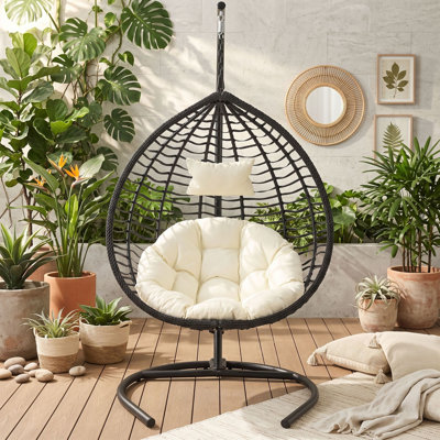 Fauteuil à œufs suspendu pliable pour l'intérieur et l'extérieur avec support, hamac en osier PEHD avec structure en fer et coussin moelleux