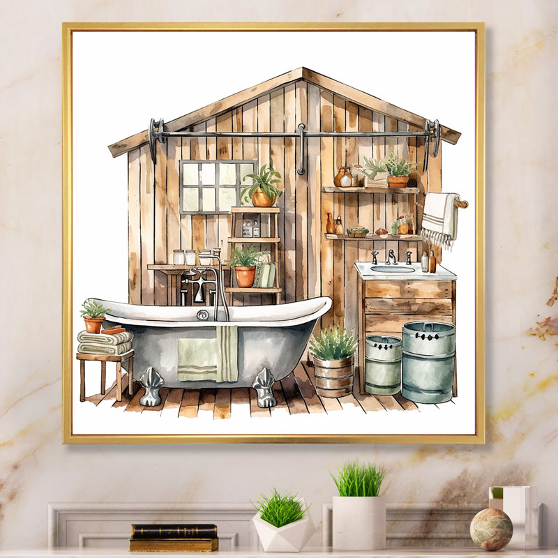 «Natural Bathroom Decor XXXIV», reproduction sur toile encadrée, H 16 po x l 32 po x P 1 po, Cadre flottant doré