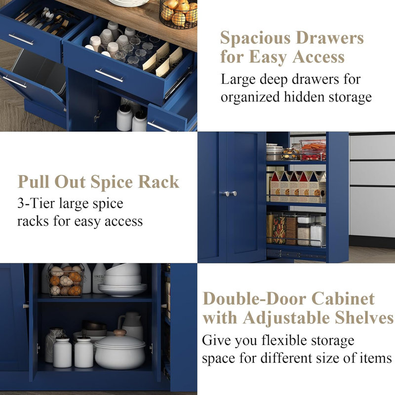 Kitchen Island on Wheels with Trash Can Storage,  Portable Island Table for Kitchen, Natural/Blue