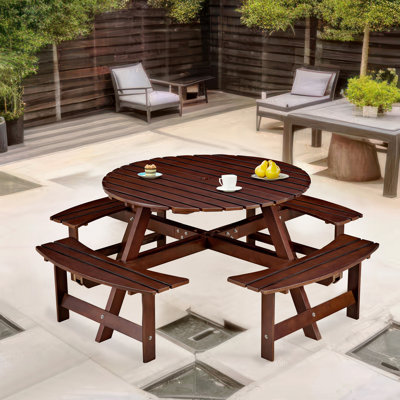 Table de pique-nique d'extérieur pour 8 personnes, table de pique-nique ronde pour 8 personnes avec 4 bancs de parasol encastrés et ensemble de banc pour patio
