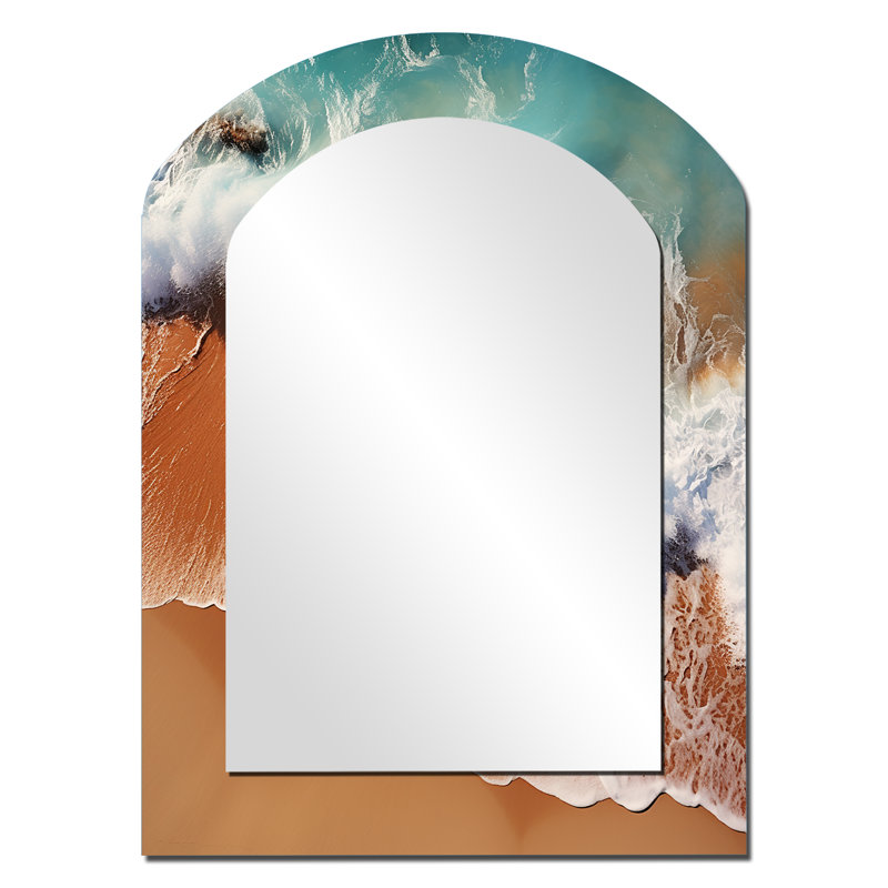 Rocky beach aerial view IV - Beach Asymmetrical Decorative Wall Mirror, Blue Arch Mirror, Printed Metal Art, 34" x 25"