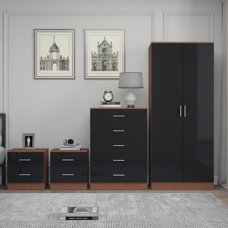 Eva Piece Bedroom Set, Black Gloss / Walnut