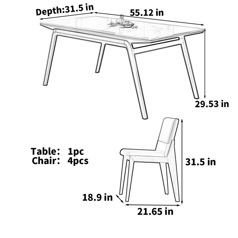 Ensemble table et chaises en frêne, Table, 4 Chairs, H 29,53 po x L 55,12 po x l 31,5 po