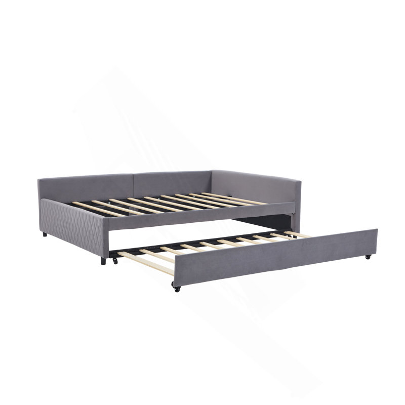 Lit de jour rembourré avec lit gigogne, structure de lit en bois robuste, conception en losange moderne, pour chambre à coucher, chambre d'amis (gris)