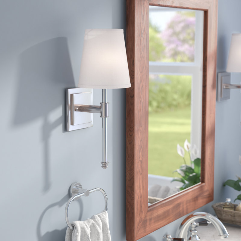 1-Light 6 inch Wide Satin Nickel Transitional Bathroom Vanity Lighting Fixture, White Fabric Shade, Dimmable, LED Compatible, Wall Mounted Steel Sconce