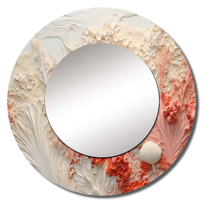 Rose et blanc Coastal Coral Collage V - miroir décoratif corail, miroir mural rond côtier, impression d'art en métal