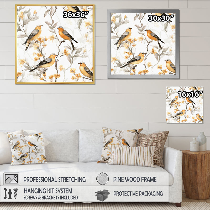 Oiseaux orange noirs sur des arbres I - impression, 16" H x 16" W, Cadre flottant noir