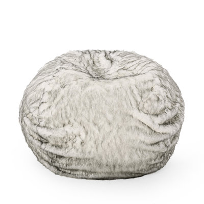 Petit fauteuil à billes arrondi en fausse fourrure de 5 pieds de couleur blanche et grise - confortable, élégant avec une mousse durable, une housse amovible et confortable, une fermeture à glissière pour un look attrayant