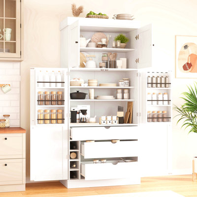 77'' Tall Freestanding Kitchen Pantry, 35''Lx17.7''W Cupboard Storage Cabinet With Adjustable Shelves,Door Shelves, Drawers And Wine Racks