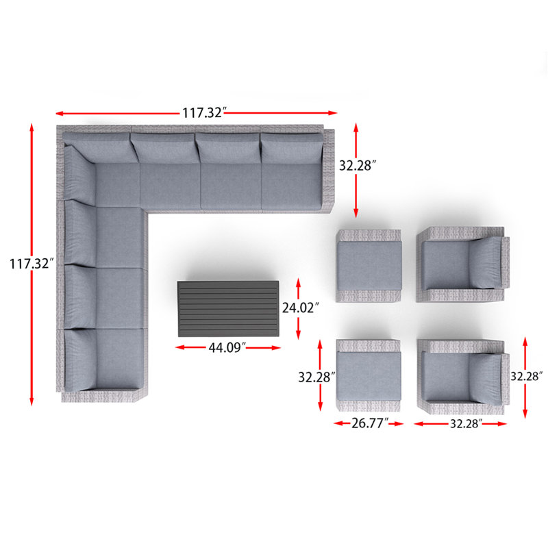 Ensemble de conversation modulaire en rotin 12 pièces avec coussins Avrahom, gris