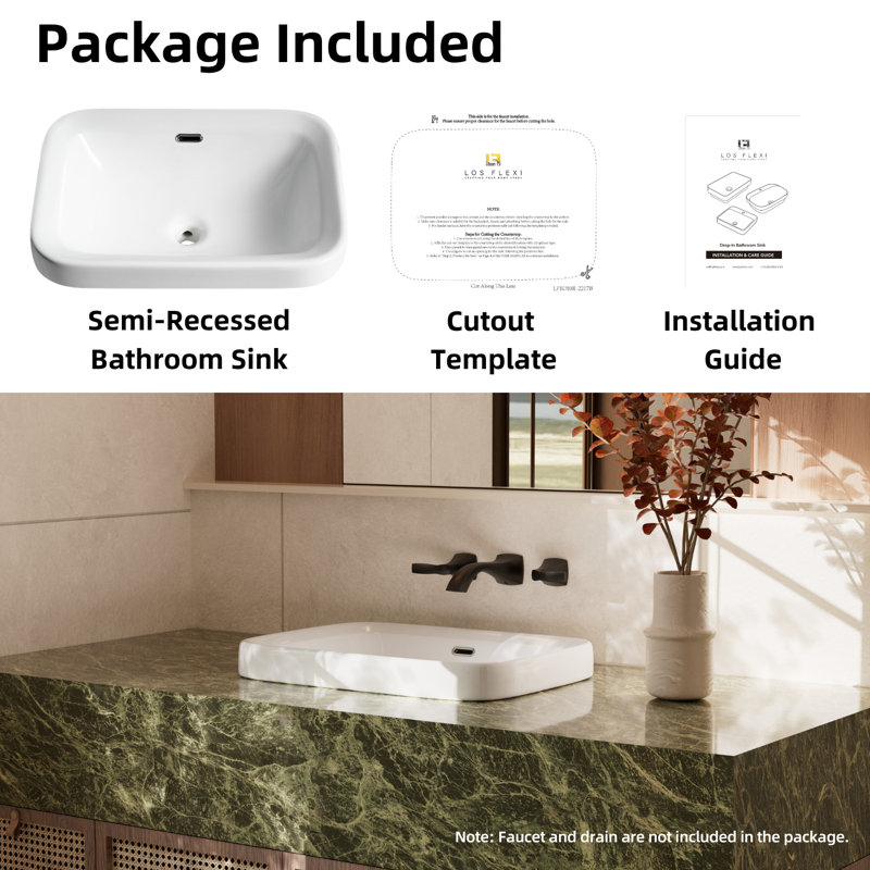 Los Flexi White Rectangular Semi-Recessed Vessel Bathroom Sink with Overflow, 7.68" H x 16.54" W x 22.24" D
