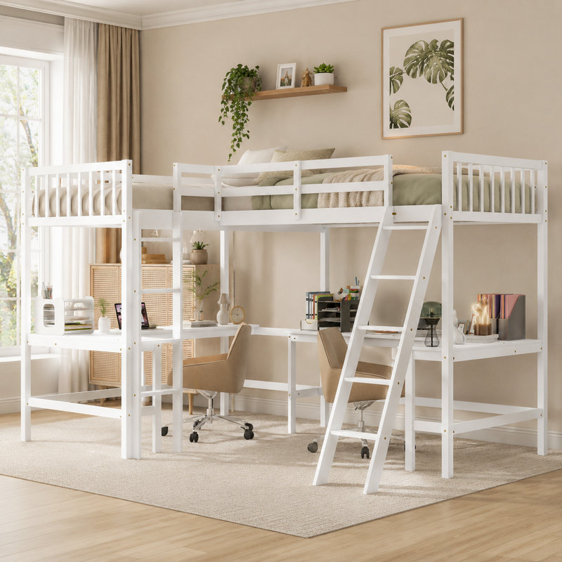 Lit mezzanine simple en forme de L avec 2 bureaux encastrés, structure en bois massif, lits simples, espace d'étude et de rangement - Conception moderne peu encombrante