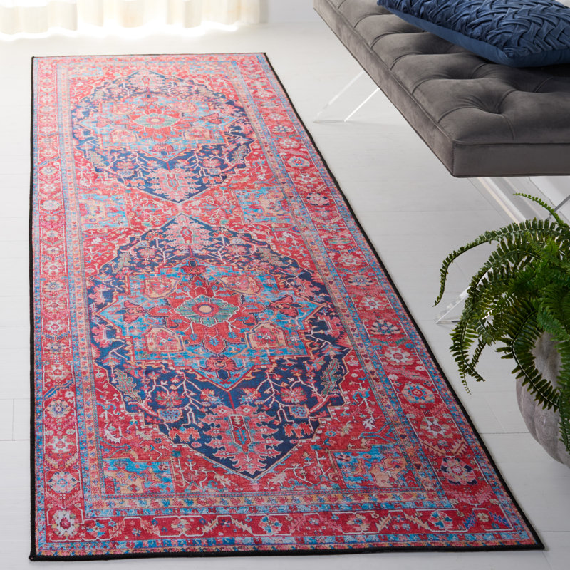 Tucson Vintage Look Machine Washable Non-Slip Area Rug in Red, Pink & Blue, Runner 76 x 244 cm
