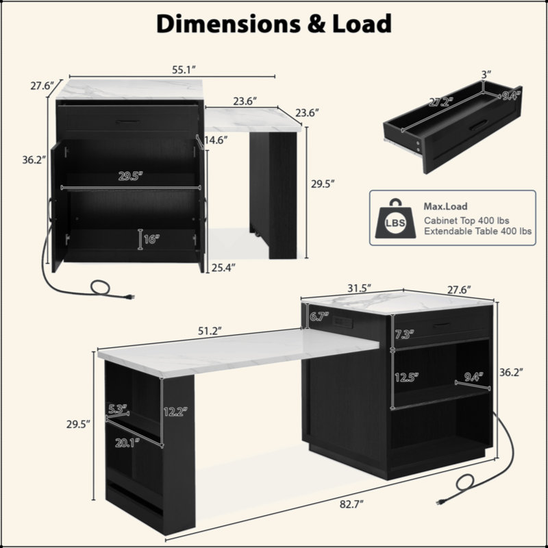 Kitchen Island With Extendable Dining Table For 4-6 Person,Faux Mable Kitchen Table With Double-Sized Storage,Power Outlet,Kitchen Island With Storage 2 Drawers 2 Side Open Shelves