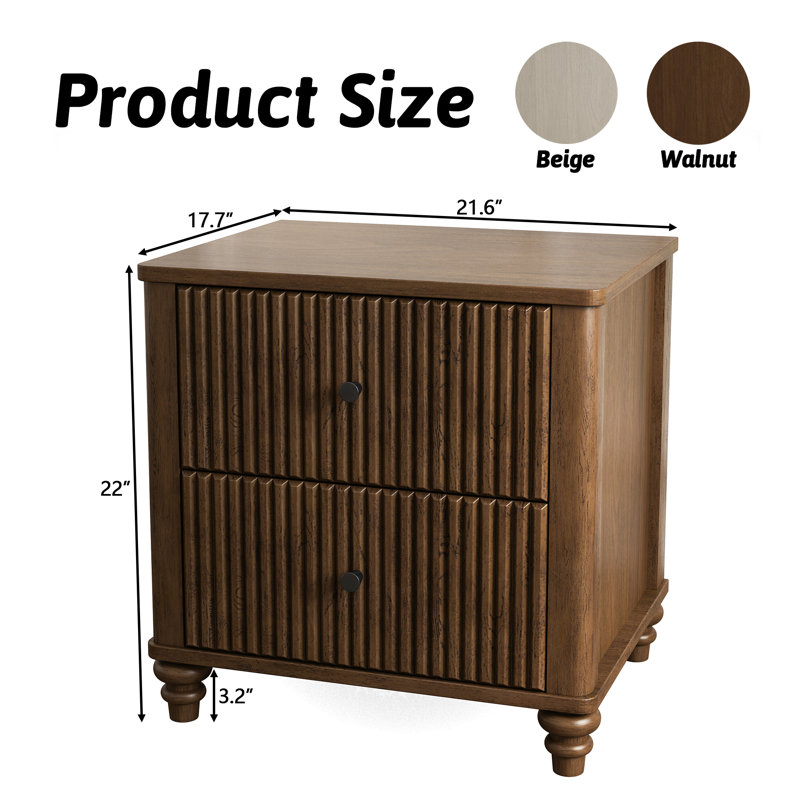 Walnut Fluted Nightstand Set Of 2,Wooden Nightstand With 3 Drawers,Modern Bedside Table End Table,Bedroom Night Stand With Metal Handle,For Bedroom Living Room