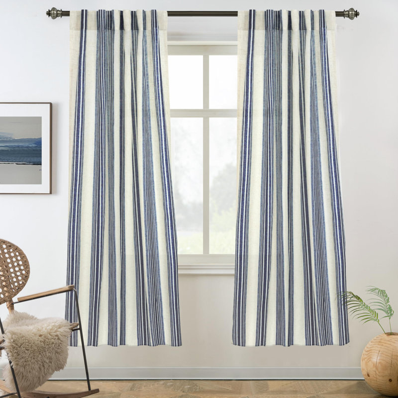 Chris Striped Linen Blend Textured Light Filtering Semi Sheer Rod Pocket Back Tab Curtains, 52" W x 63" L, Navy