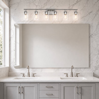 6-Light Brushed Nickel Silver Bathroom Vanity Wall Light, Clear Cylinder Glass Shade for Hotel & Master Bath