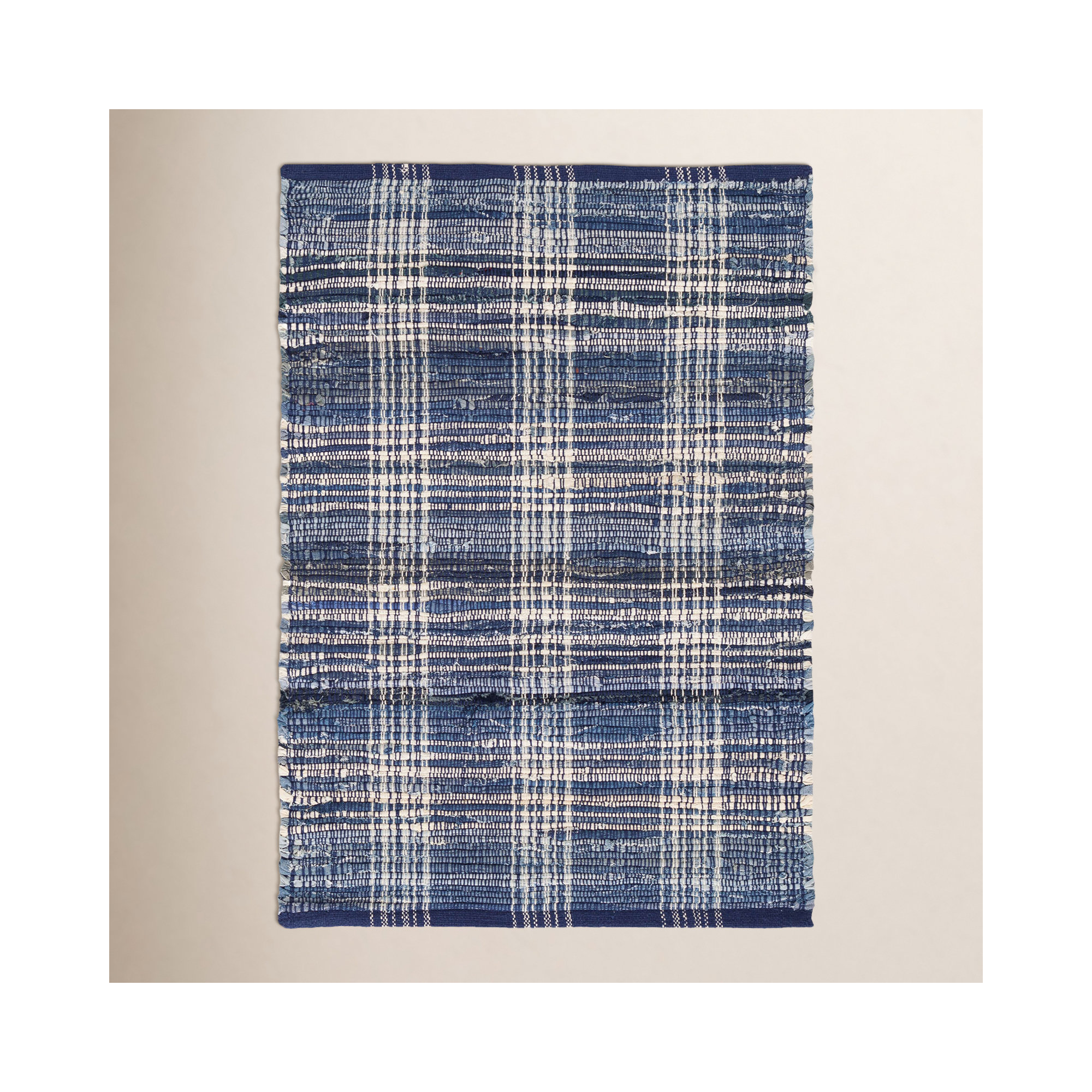 Denim Plaid Handwoven Cotton Rug, Rectangle 9'6" x 13'6"