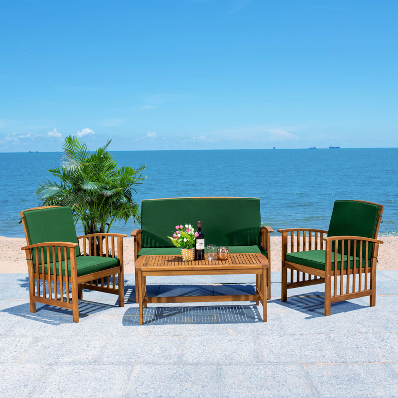 Delosreyes Acacia 4 - Person Patio Conversation Set with Cushions, Natural Frame/Green Cushion