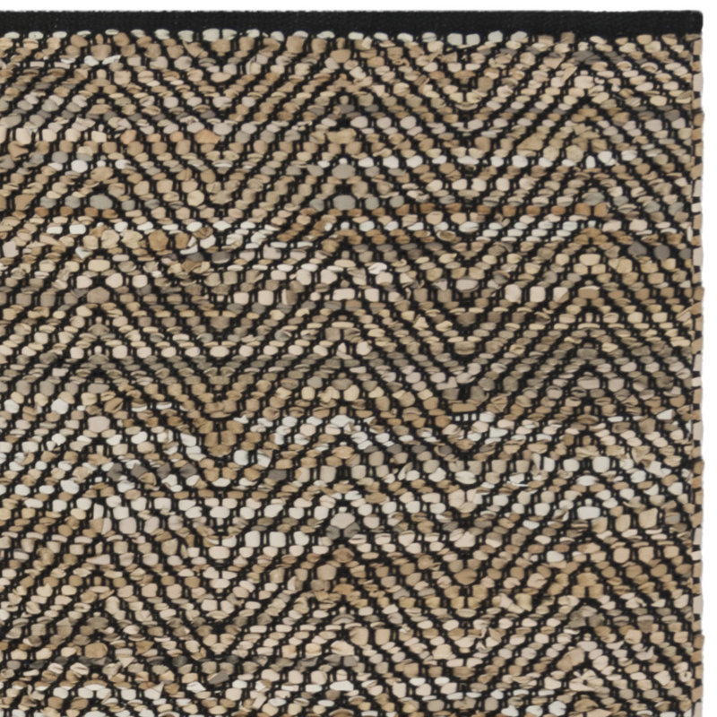 Nakke Vintage Leather Hand Woven Leather/Cotton Geometric Rug in Beige, Rectangle 5' x 8'