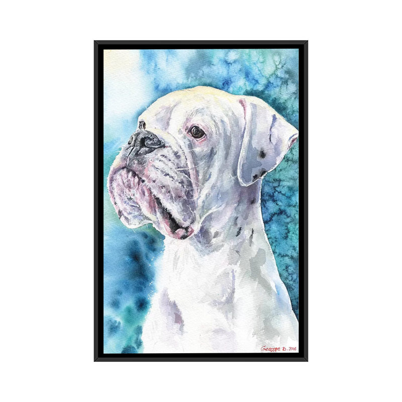 Boxer blanc, impression sur toile, H 26 po x l 18 po x P 1,5 po, Toile avec cadre noir, Pas de tapis