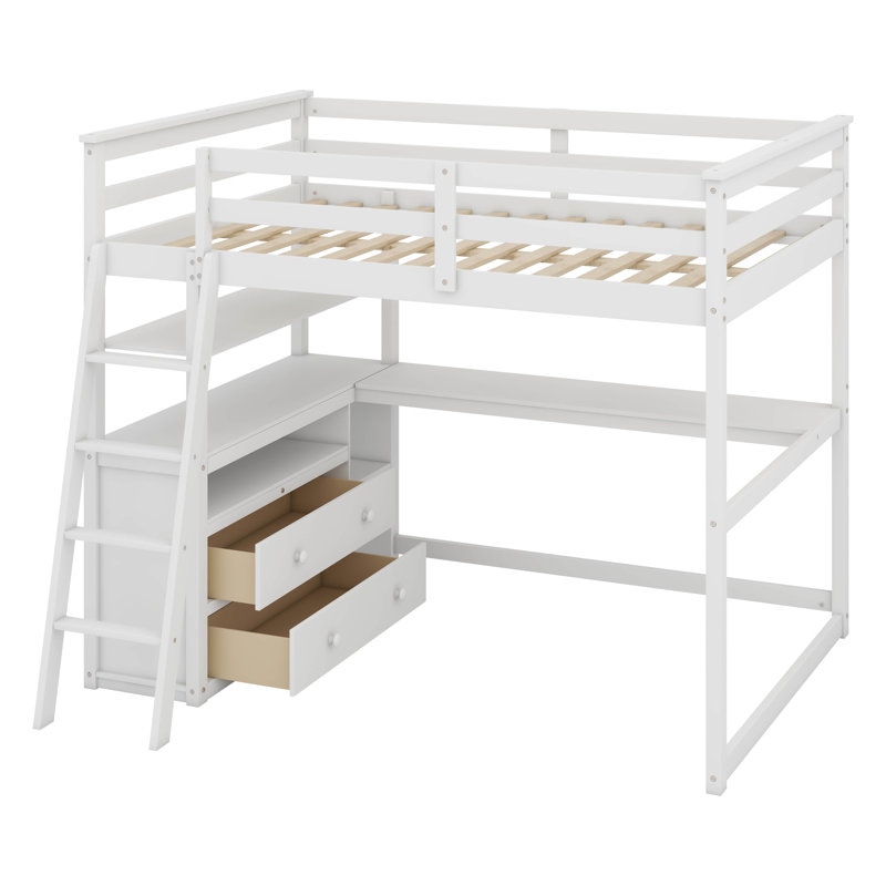 Multifunction Wooden Loft Bed With Desk And Shelves,Two Built-In Drawers, Full, White