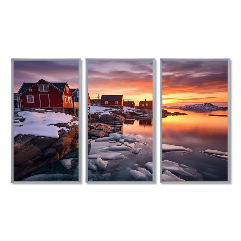 Ensemble d'art mural de maisons rouges «Ice River», Encadrement argenté, H 32 po x l 48 po x P 1 po