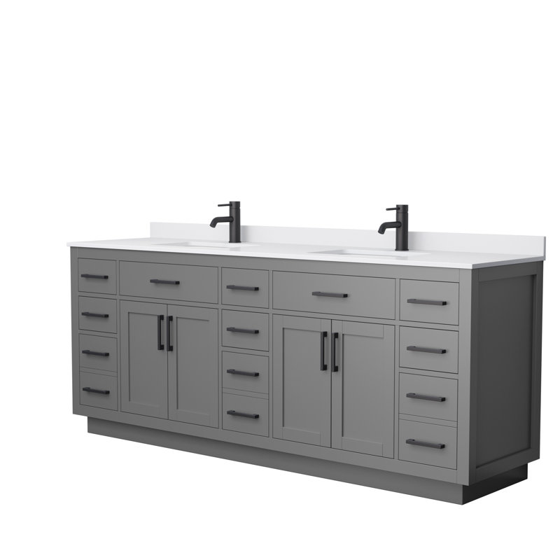 Beckett TK 84'' W Double Vanity, White Cultured Marble, Matte Black, Dark Gray
