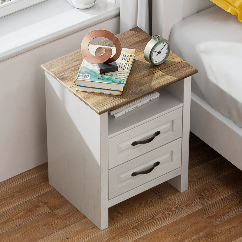 NightStand with Charging Station, Farmhouse Bedside Table with 2 Drawers and Open Storage,End Table with 2 AC Outlets & Type-C Ports for Bedroom