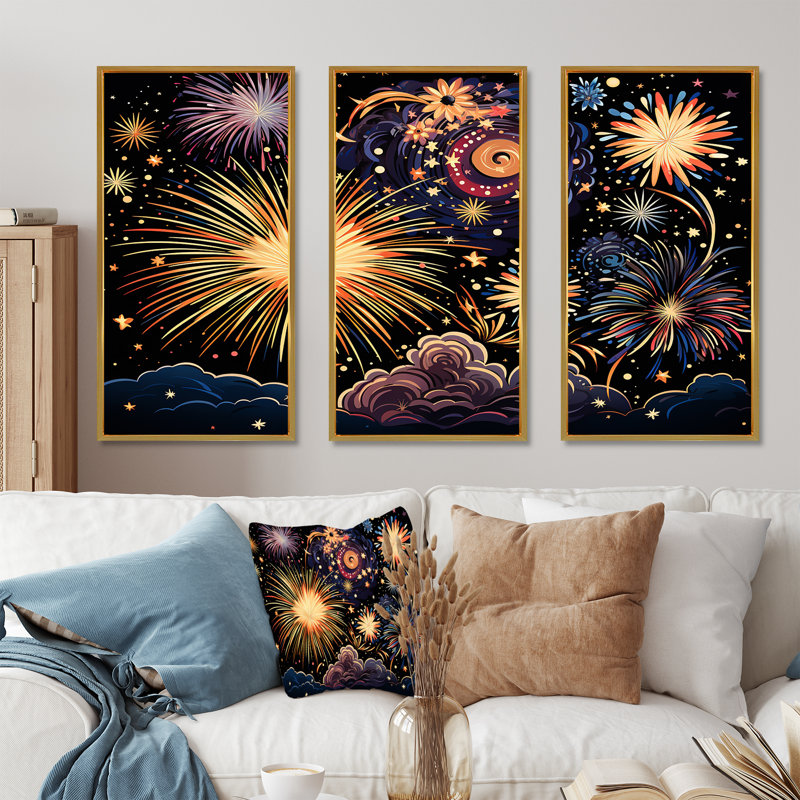 Feux d'artifice ciel céleste - art mural de feux d'artifice, Cadre flottant doré, H 32 po x l 48 po