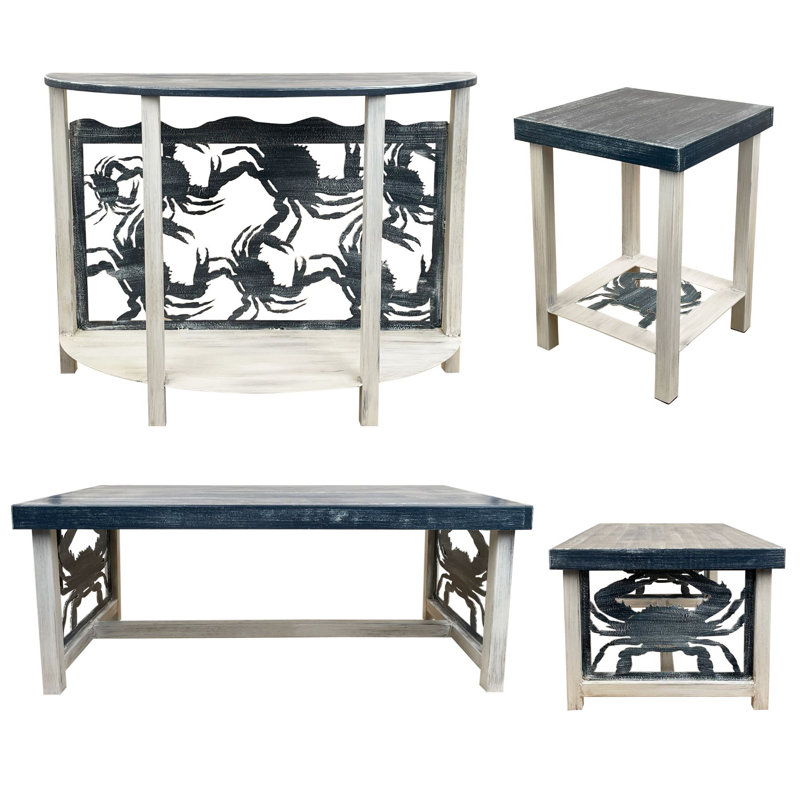 Ensemble de chalet style chalet en crabe / bleu marine: 1 table basse, 1 canapé, 2 tables de bout carrées