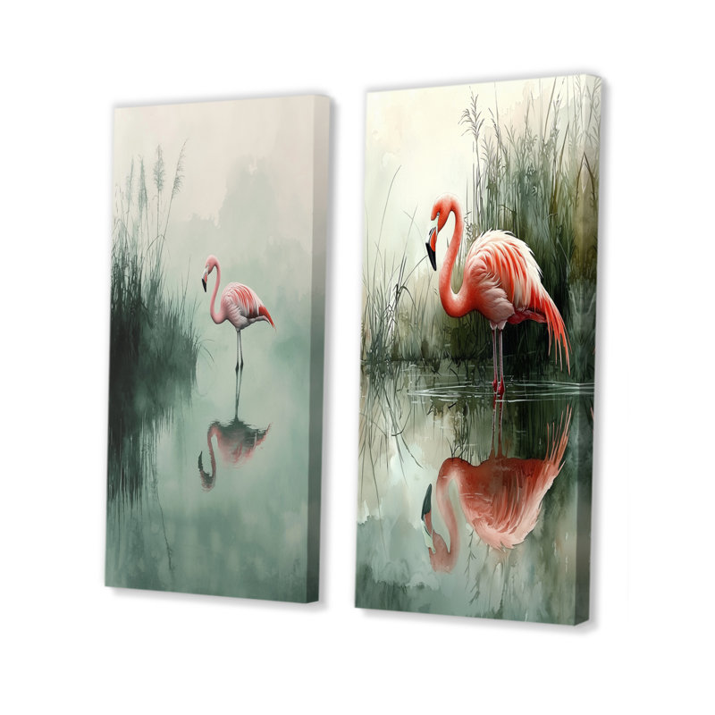 Flamant rose dans le marais III - animaux, art mural 2 pièces, H 32 po x l 33 po, Toile tendue